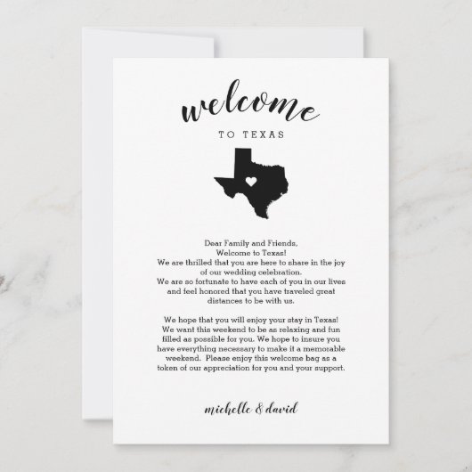 Carte Bienvenue au Texas| Lettre Mariage & Itinéraire (Devant)