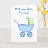 Carte Bienvenue Baby Nom du garçon Personnalisé Blue Bug (Fleur jaune)