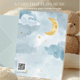 Carte Bienvenue bébé code QR lune aquarelle bleu berceus