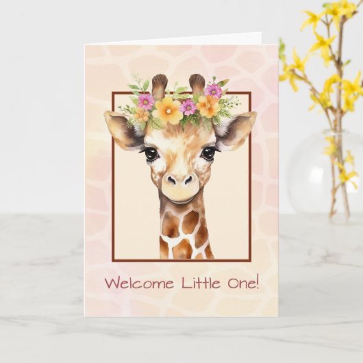 Carte Bienvenue bébé fille douce Safari Jungle Giraffe (Fleur jaune)