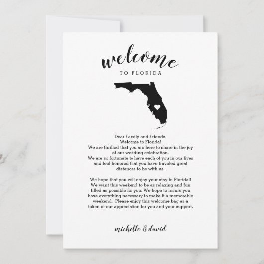 Carte Bienvenue en Floride | Lettre Mariage et itinérair (Devant)