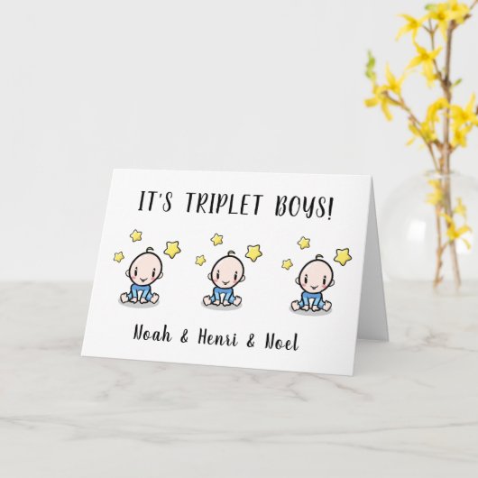 Carte bienvenue, félicitations à vos garçons triplés, (Fleur jaune)