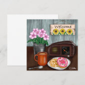 Carte Bienvenue, tournesols, beignets et café (Devant / Derrière)