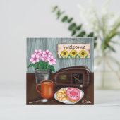 Carte Bienvenue, tournesols, beignets et café (Debout devant)