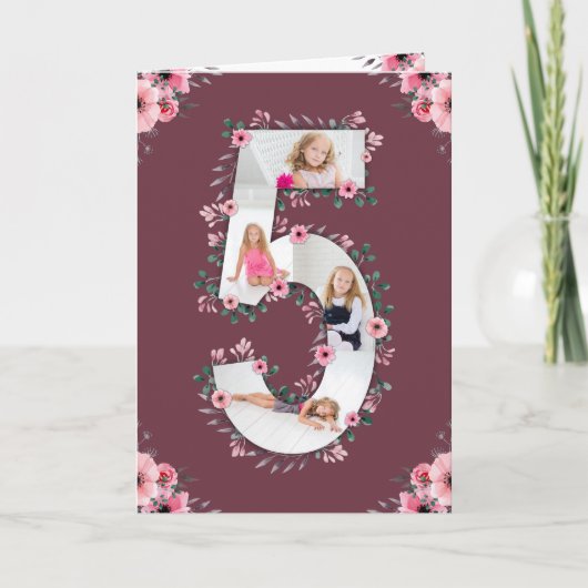 Carte Big 5th Birthday Girl Photo Collage Fleur rose (Devant)