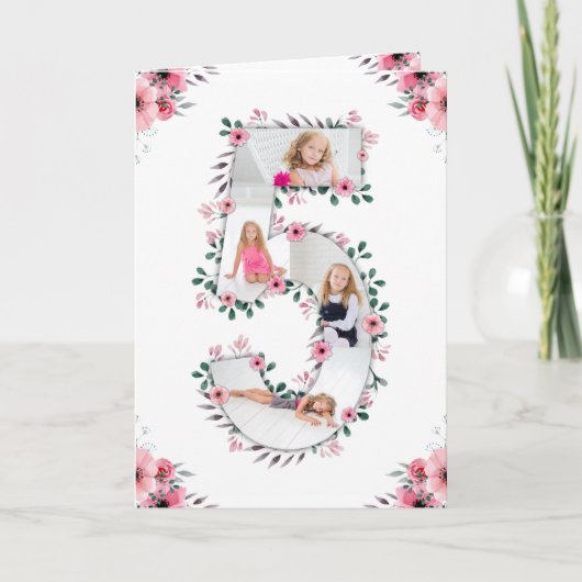 Carte Big 5th Birthday Girl Photo Collage Fleur rose (Devant)