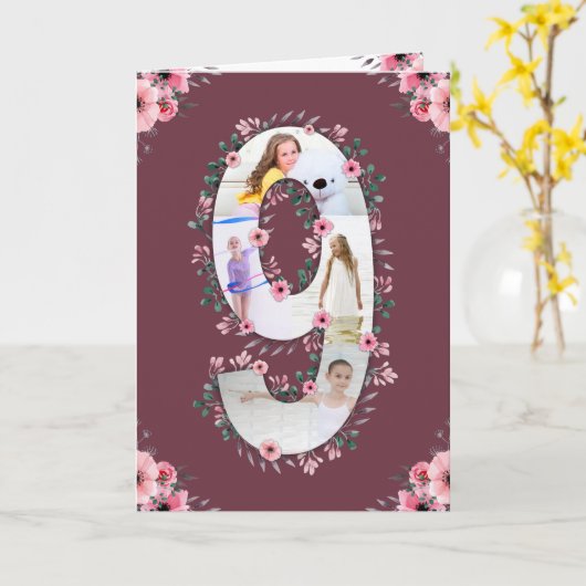 Carte Big 9th Birthday Girl Photo Collage Fleur rose (Fleur jaune)
