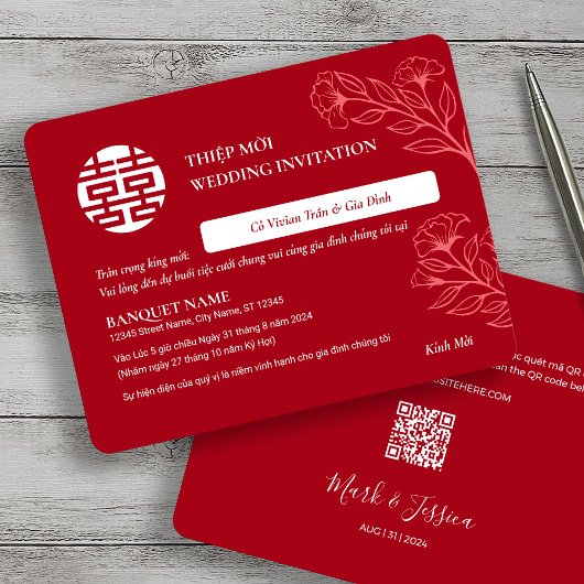Carte Bilingue vietnamien anglais rouge Mariage Thiep Mo