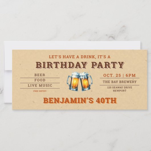 Carte Billet brasserie à thème pour hommes 40e anniversa (Devant)