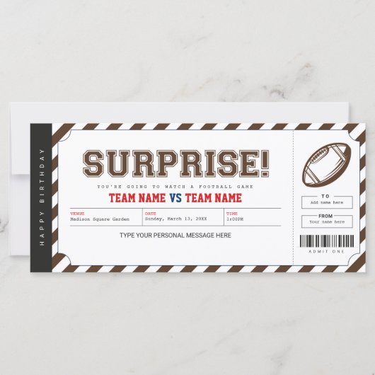 Carte Billet cadeau pour le stade de football surprise (Devant)