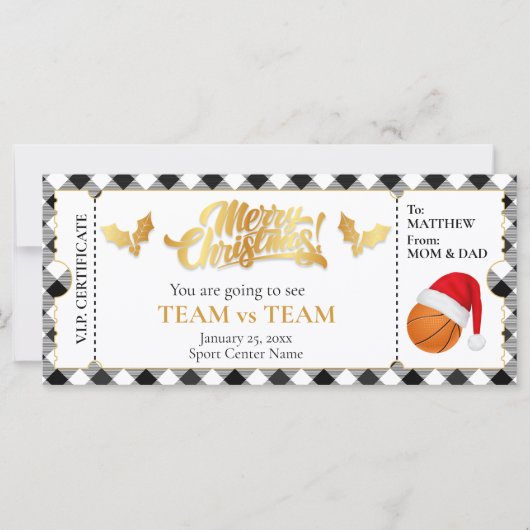 Carte Billet de basket de Noël, Billet cadeau surprise (Devant)