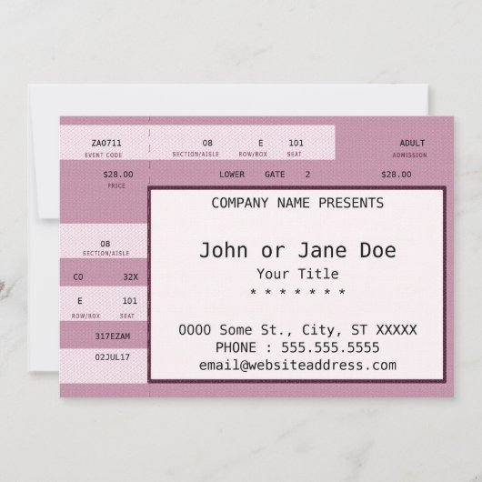 Carte billet de concert rose (Devant)
