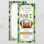 Carte Billet Football Vert Bleu 1er Anniversaire Invitat (Devant / Derrière)