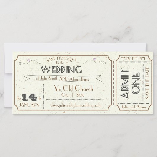 Carte Billet Grunge vintage Enregistrer la date (Devant)