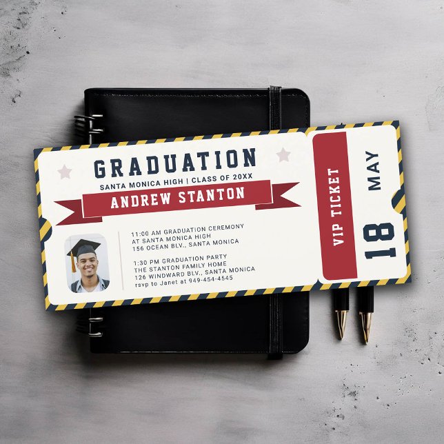 Carte Billet Sport Bleu Rouge Photo Graduation Invitatio (graduation invitation high school senior boy sports themed blue red yellow ticket)