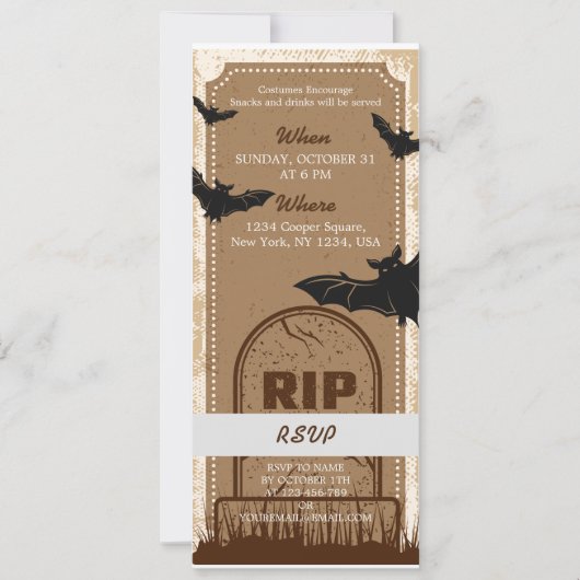 Carte Billet vintage Brown Halloween Bat Party (Devant)
