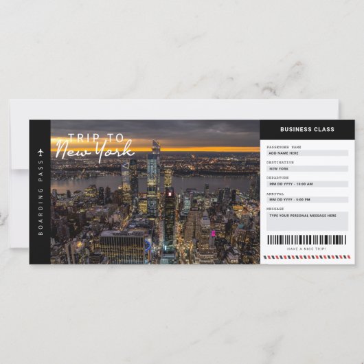 Carte Billet voyage New York Trip Boarding Pass Vacances (Devant)