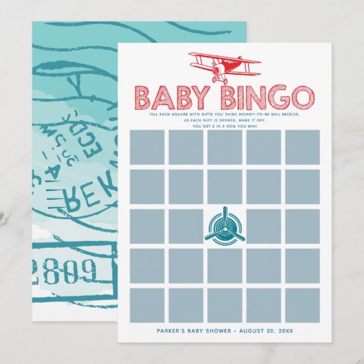 Carte Bingo Baby shower avion (Devant / Derrière)
