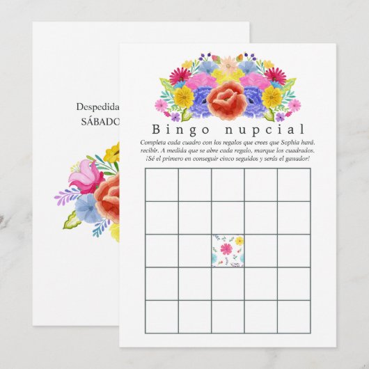 Carte Bingo de Fête des mariées Florale espagnole Fiesta (Devant / Derrière)