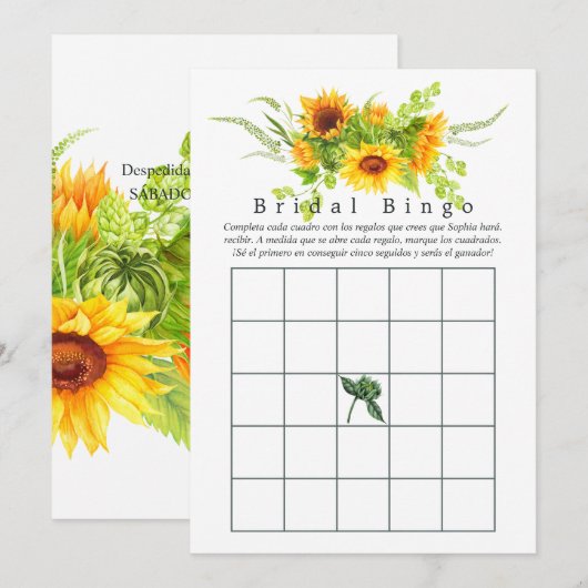 Carte Bingo de mariage tournesol (Devant / Derrière)