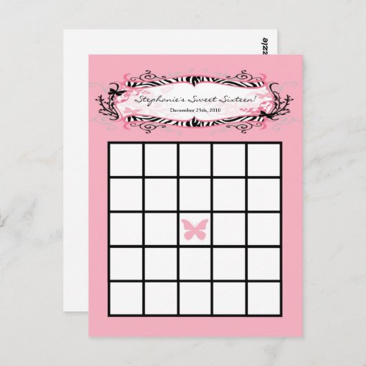 Carte Bingo Gravée Papillon Fille Zèbre Imprimer (Devant / Derrière)