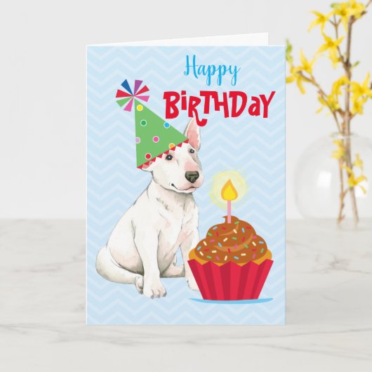 Carte Birday Cupcake Bull Terrier (Fleur jaune)