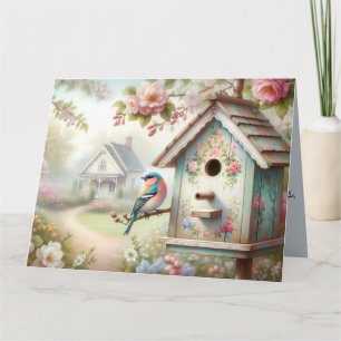 Carte Birdhouse Printemps Avec Fleurs Pastel Et Oiseaux