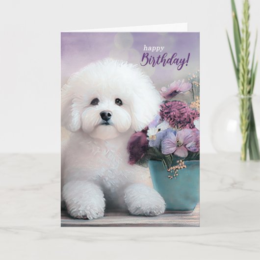 Carte Birthday Bichon Frise Dog with Purple Flowers (Devant)