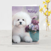 Carte Birthday Bichon Frise Dog with Purple Flowers (Fleur jaune)