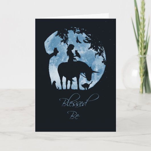 Carte Birthday Blessed Be Wicca avec Animaux et Lune (Devant)