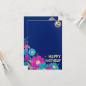 Carte birthday cards blue modern flowers retro (Devant/Arrière en situation)