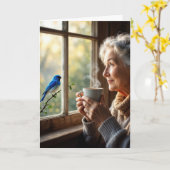 Carte Birthday Elderly Woman Watching a Bluebird (Fleur jaune)