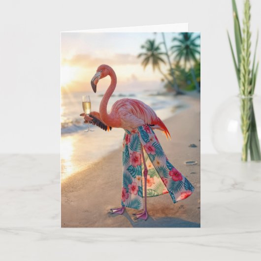 Carte Birthday Flamingo With Champagne On a Beach (Devant)