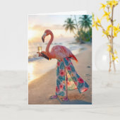 Carte Birthday Flamingo With Champagne On a Beach (Fleur jaune)