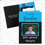 Carte Birthday Grandson ajouter nom photo bleu noir<br><div class="desc">À un petit-fils très spécial. Joyeux anniversaire. Ajoutez un nom et une photo. Bleu et noir.</div>