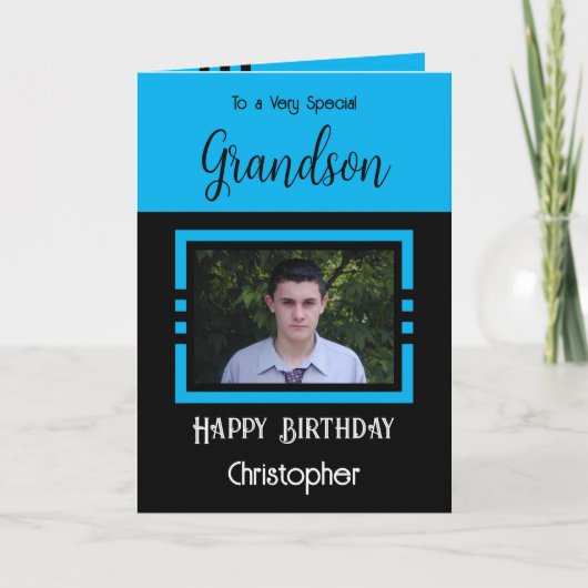 Carte Birthday Grandson ajouter nom photo bleu noir (Devant)