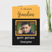 Carte Birthday Grandson ajouter photo nom orange noir (Devant)