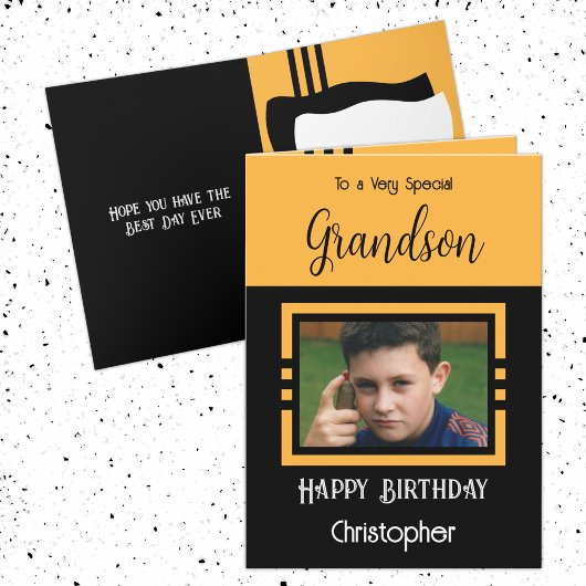 Carte Birthday Grandson ajouter photo nom orange noir