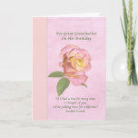 Carte Birthday, Great Grandmother, Peace Rose<br><div class="desc">This birthday greeting for a great grandmother is a soft and dreamy floral design. Rose rose rose rose et jaune, rose de la paix. A wide vertical border in a pinkish yellow hue is on the left side of the image. A quote from an old Swedish proverb is under the...</div>