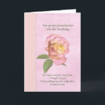 Carte Birthday, Great Grandmother, Peace Rose<br><div class="desc">This birthday greeting for a great grandmother is a soft and dreamy floral design. Rose rose rose rose et jaune, rose de la paix. A wide vertical border in a pinkish yellow hue is on the left side of the image. A quote from an old Swedish proverb is under the...</div>