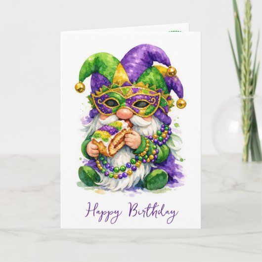 Carte Birthday Mardi Gras Gnome Eating King Cake (Devant)
