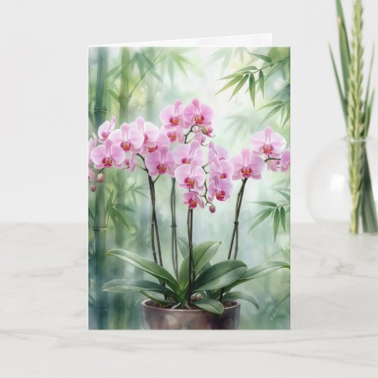 Carte Birthday Pink Orchids On Green Bamboo (Devant)