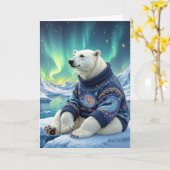 Carte Birthday Polar Bear Sitting Under Northern Lights (Fleur jaune)