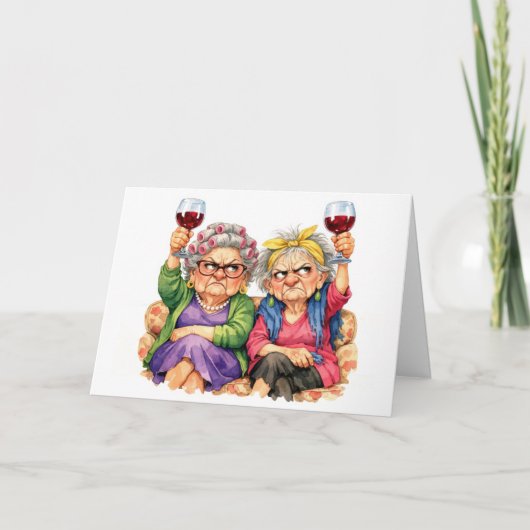 Carte Birthday Quirky Old Ladies with Red Wine (Devant)