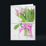 Carte birthday rain on window with tulips<br><div class="desc">Rain drops on window with pink tulip bouquet for friend's birthday.</div>