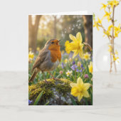 Carte Birthday Robin Singing Into a Daffodil (Fleur jaune)