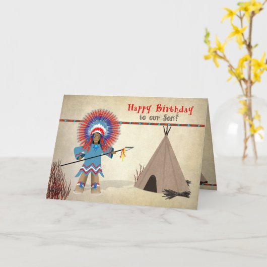 Carte Birthday Son- Native Indian with tepee - Fun Card (Fleur jaune)