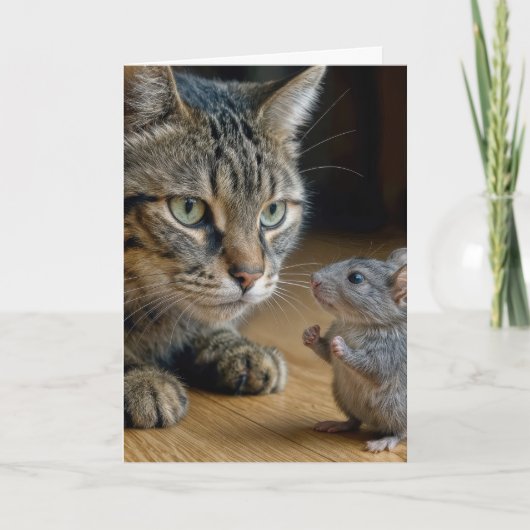 Carte Birthday Tabby Cat With Brave Mouse (Devant)