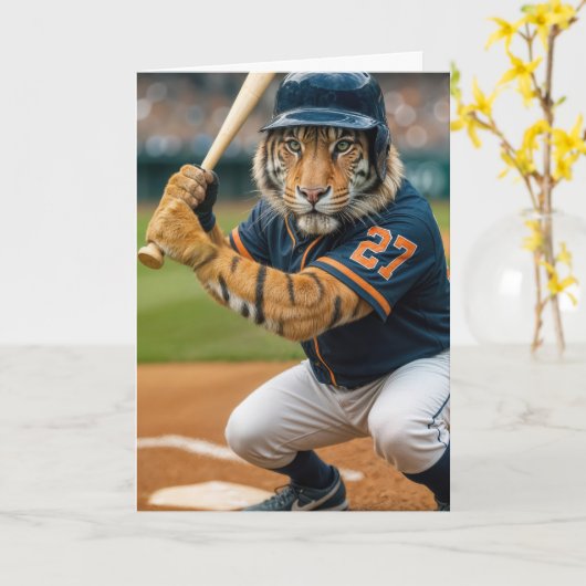 Carte Birthday Tiger Baseball Player #27 Up To Bat (Fleur jaune)