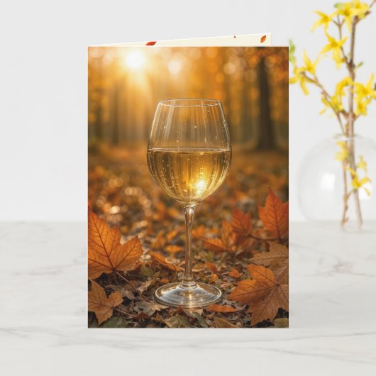 Carte Birthday Wine Glass In Autumn Maple Leaves (Fleur jaune)